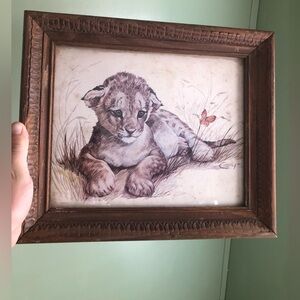 Vtg Clancy Kaplan Litho Print of Lion Cub 8 X 10” In Rustic Wood Frame Mcm